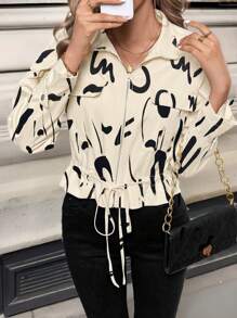 Chiquease Spring & Autumn Random Print Drawstring Waist Casual Bomber Jacket - Apricot - View 5