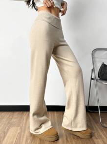 SHEIN EZwear Women High Waisted Flared Hem Khaki Knitted Flare Leg Pants - Khaki - View 4