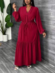 Slaydiva Plus Elegant,Casual & Party Solid Long Sleeve V-Neck A-Line Dress With Drawstring Waist, Hem Splicing Details For Women, Spring/Autumn - Burgundy - View 7
