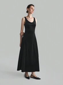 Ontre 天鹅绒无袖连衣裙，黑色宽下摆长款紧身连衣裙，性感修身，适合秋季女性 - 黑色 - 查看 10