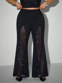 SHEIN ICON Plus Size Women's Solid Color High Waist Splice Rhinestone Mesh Flare Pants, Halloween Costume - Black - View 1
