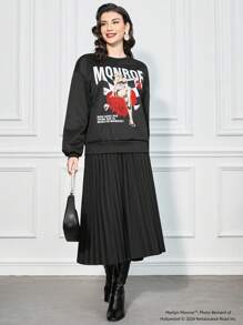 Marilyn Monroe X SHEIN Women's Casual Figure & Slogan Print Loose Relaxed Fit Black Sweatshirt, Spring Autumn - Black - View 4