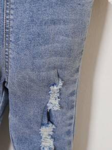 Peto vaquero elástico para bebé niña, pantalones de peto casual, suave ropa de calle con tirantes, liviano para todas las estaciones - Azul lavado medio - Ver 5