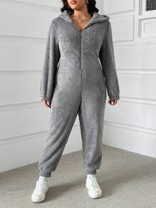 SHEIN EZwear Plus Size Hooded Fleece Jumpsuit, Autumn & Winter
