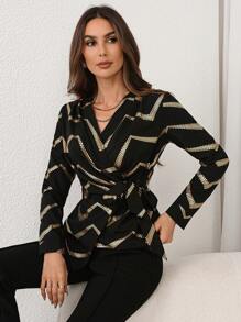 SHEIN Privé Camisa de Manga Longa Preta com Detalhe de Folha de Ouro e Amarração Frontal para Mulheres - Preto - Visão 4