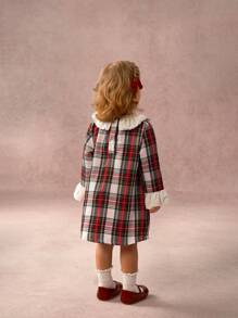 SHEIN Baby Girl Elegant Plaid Patchwork 2 In 1 Dress, Spring & Fall, For Christmas - Red - View 7
