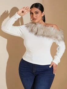 SHEIN BAE 大码女式毛茸茸拼布不对称肩长袖休闲衬衫，适合冬季 - 白色 - 查看 8