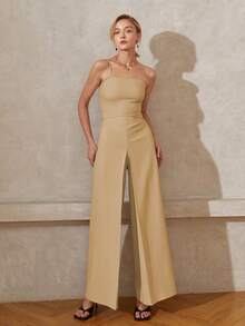 SHEIN Black Friday x Star Picks 女士纯色优雅阔腿连体裤，春夏秋季 - 卡其色 - 查看 5