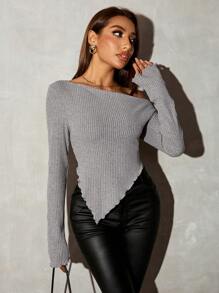 SHEIN SXY Grunge Asymmetrical Neck Rib-Knit Tee,Fall Women Going Out Tops - Grey - View 3