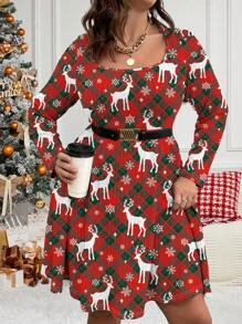 Flirla Đầm thường ngày dài tay ngắn in họa tiết cổ tròn cỡ lớn - Nhiều màu - Xem 5