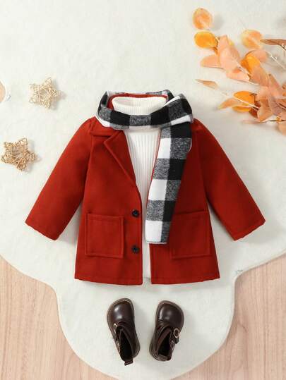 SHEIN Baby Boy Solid Color Lapel Neck Long Sleeve Single Breasted Pocket Casual Jacket, Winter