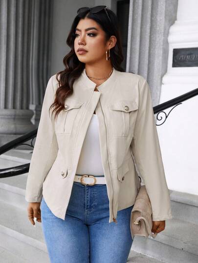 Easura Plus Size Casual Solid Color Utility Jacket, Autumn Fall Winter Cloth For Women