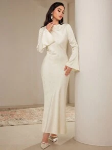 Veilorie Women's Turtleneck Flare Sleeve Solid Color Fishtail Hem Elegant Dress Modest - Apricot - View 5