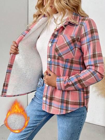 LanaWest Camisa de mujer con forro térmico a cuadros, de manga larga, casual, con bolsillo, para otoño/invierno, Top de manga larga
