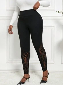 SHEIN Lady Spring And Summer Autumn And Winter Elegant Casual Black  Knitted Lace Plus Size Leggings Fall Women Clothes Women Costumes Rave Festival Outfits Business Women Clothes Capri Pants