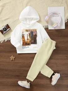 SHEIN 2pcs/Set Young Boy Casual Breathable Letter Print Hooded Sweatshirt And Jogger Pants Outfit, Suitable For Daily, Outdoor, School, And Shopping, Spring/Autumn - White - View 3