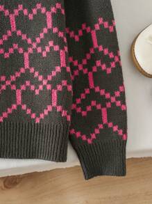 Girls' Autumn/Winter Clothing, Round Neck Long Sleeve Heart Pattern Sweater Cardigan, Sweet Cute Loose Knit Jacket - Dark Grey - View 11