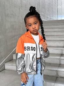 SHEIN Explorewe Áo khoác hoodie oversized thời trang dạo phố thường ngày cho bé gái, thiết kế in chữ Colorblock, mùa thu - trái cam - Xem 4