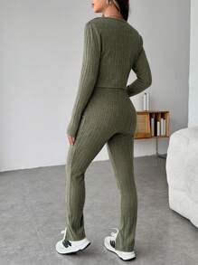 SHEIN Maternity 3 Pieces Set: Solid Tube Top, Button Front Jacket & Leggings - Army Green - View 2