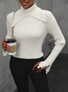 Chiquease Women Simple Solid Color Turtleneck Long Sleeve Sweater, Casual Daily Wear, Knit Pullover Fall Winter - Apricot - View 6