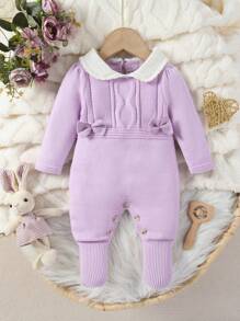 SHEIN 女婴可爱蝴蝶结装饰纯色拼布纽扣连体衣，休闲假日 - 淡紫色 - 查看 1