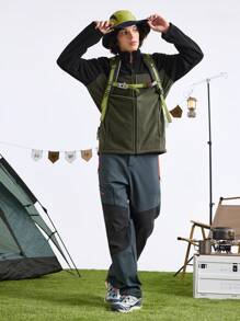 In My Nature Men's Solid Color Splice Front Zip Long Sleeve Simple Casual Outdoor Fleece Jacket