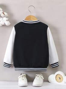 SHEIN Áo khoác dài tay in họa tiết sọc cổ Varsity cho bé trai màu tương phản phía trước - Đen và trắng - Xem 2