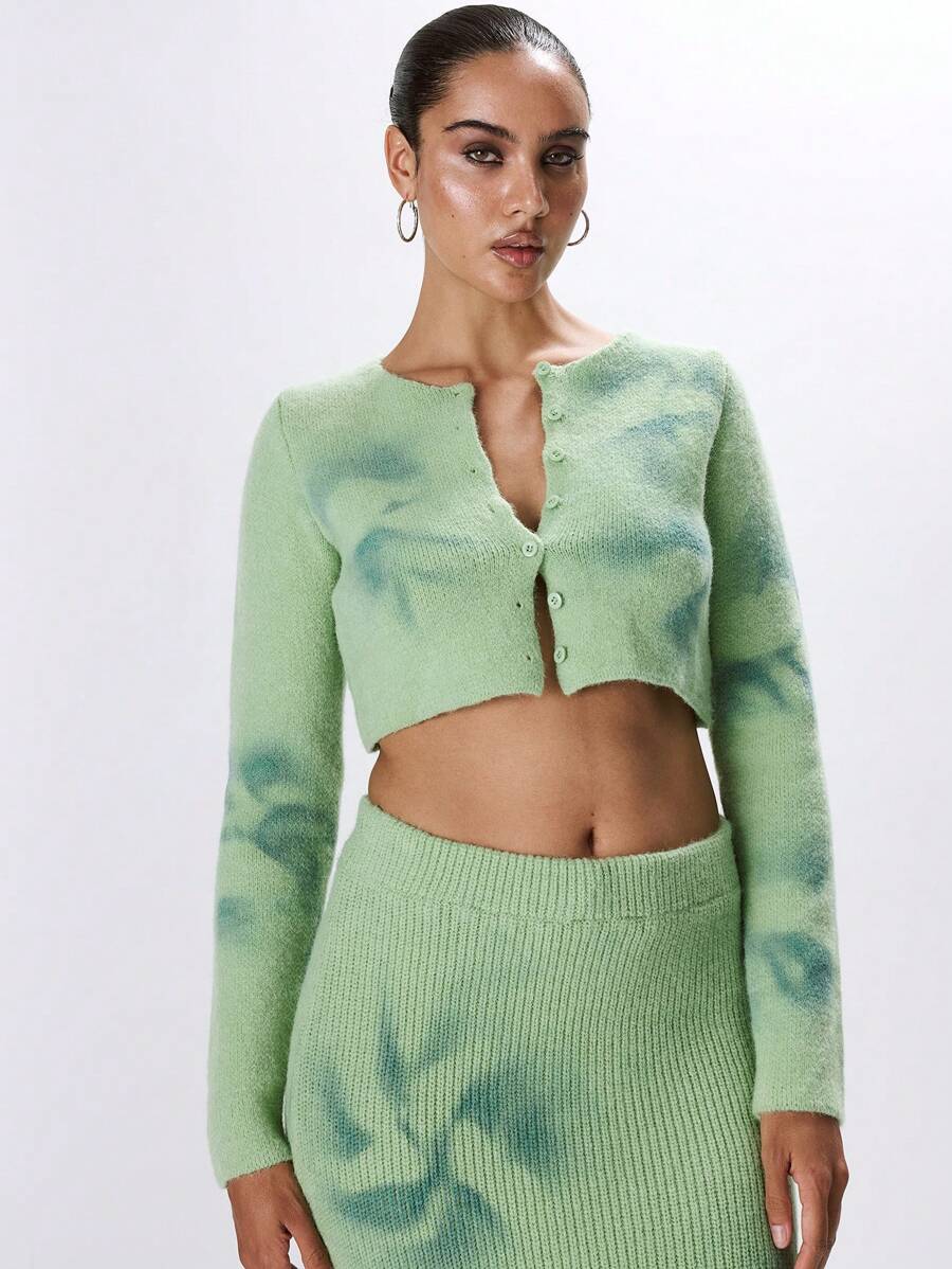 MUSERA Cropped Knit Long Sleeve Cardigan Y2k Spring Casual Cute 90's Sun Summer - Green - View 1