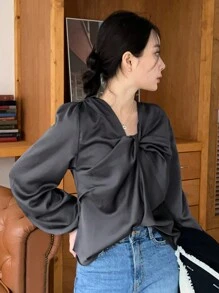Áo cánh xoắn phía trước thanh lịch màu trơn cho nữ, quần áo mùa thu, áo dài tay kiểu học sinh - Màu xám đen - Xem 3