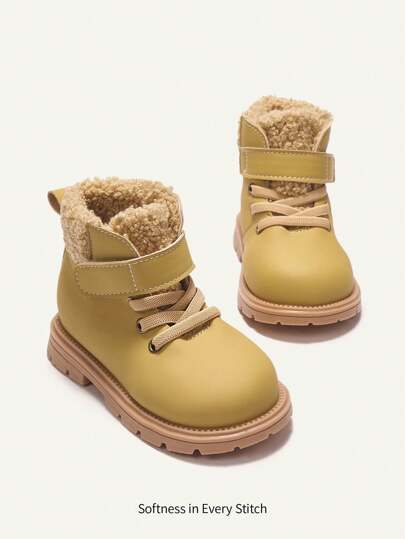 SHEIN Autumn/Winter Baby Boys Plush Patchwork Casual Hook And Loop Flat Ankle Boots