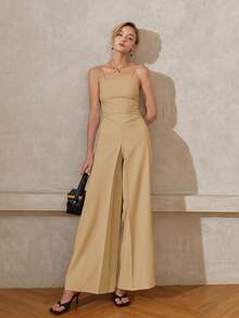 SHEIN Black Friday x Star Picks 女士纯色优雅阔腿连体裤，春夏秋季 - 卡其色 - 查看 3