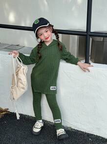 SHEIN Conjunto de 6 piezas para niña pequeña con vestido con capucha y leggings/pantalones, combinación de verde, rosa y morado, tela suave de felpa, ropa casual para uso diario y en casa para otoño/invierno - Morado - Ver 14
