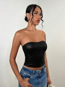 SHEIN BAE Women's Solid Color PU Leather Cropped Bustier Top, Fashionable Summer - Black - View 3