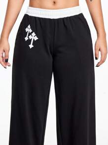 ROMWE Grunge Punk Y2K Ultra Low Waist Cross Embroidered Sweatpants