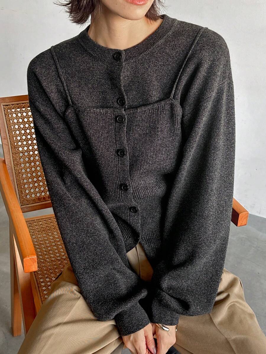 FRIFUL 2pcs Women Solid Color Button Front Crew Neck Cardigan And Camisole Sweater Set