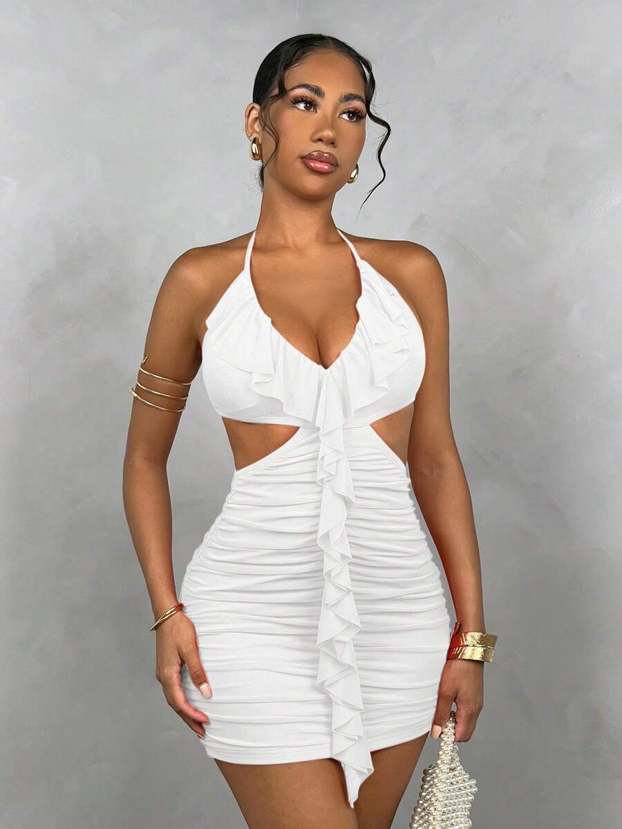 SHEIN BAE Đầm ôm body xếp ly cổ yếm lưới màu trơn cho nữ - trắng - Xem 1