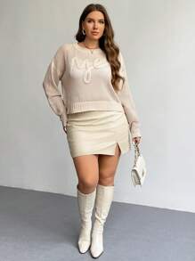 SHEIN Privé Plus Size Women Knitted Pullover Sweater, Fall Season, Apricot Color, Hollow Openwork Embroidered Design - Apricot - View 8