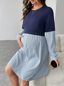 SHEIN Maternity Nursing Dress, Knit Round Neck Long Sleeve Colorblock Pregnant Women Dress, Blue - Blue - View 7