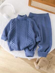 2 pezzi Set di maglione girocollo a maniche lunghe con vestibilità morbida e pantaloni in maglia elasticizzata in stile scolastico casual per ragazzi, comodo e caldo, adatto per abbigliamento bambini, vestiti per ragazzi, ritorno a scuola, festa di compleanno, matrimonio, uso quotidiano, attività all'aperto, sport, autunno e inverno