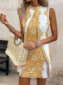 Breezaya 女士度假休闲复古印花二合一连衣裙 - 黃色 - 查看 3