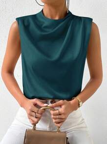 RosyDaze 休闲缎面不对称褶皱无袖衬衫，夏季 - 水鴨藍 - 查看 1