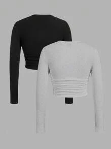 SHEIN EZwear 2 件套女士休闲简约黑灰色花卉印花圆领长袖 T 恤，适合春秋季节 - 彩色 - 查看 2