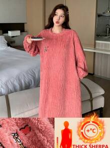 DAZY 可爱恐龙图案纹理法兰绒加厚睡袍 - 粉色 - 查看 5