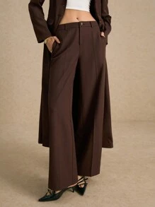 Poéselle Women's Brown Low Rise Casual Suit Pants With Side Pockets, Old Money, Office Wear, Business Casual Women's Wear, Business Women's Wear, Women's Low Rise Formal Trousers, Fall Essentials, Fall Wear, Winter Women's Wear, Frenchy Style - Chocolate Brown - View 5