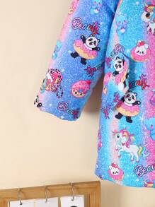 SHEIN Girls Casual Fashion Hooded Fur Collar Long Sleeve Mid-Length Loose Cartoon Gradient Print Thickened Warm Autumn Winter Jacket