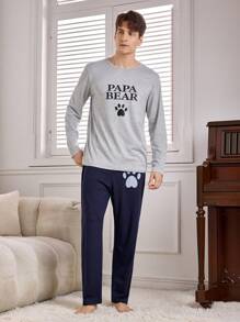 2pcs Men Letter Print Crew Neck Long Sleeve Top And Pants Loungewear Set - Light Grey - View 8