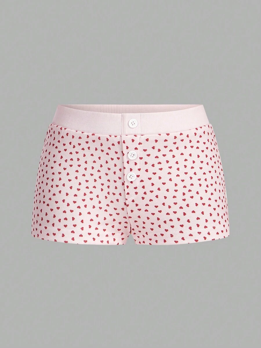 Sweetina Heart Print Low-Waist Tight Super Short Shorts - Pink - View 1