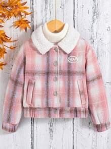 SHEIN 年轻女孩加厚针织贴布纹理针织领前翻领贴布开合夹克，冬季