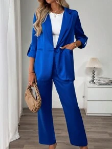 SHEIN Clasi 1 Piece Solid Color Single-Breasted Long Sleeve Blazer And Trouser Casual Suit Set
