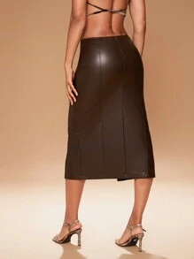 SHEIN Unity Fall Clothes, Sexy Brown Faux Leather High-Waisted Midi Skirt With Front Slit. For Date Night, Concerts, Performances, Music Festivals, Parties, Clubs, Holidays, Night Out